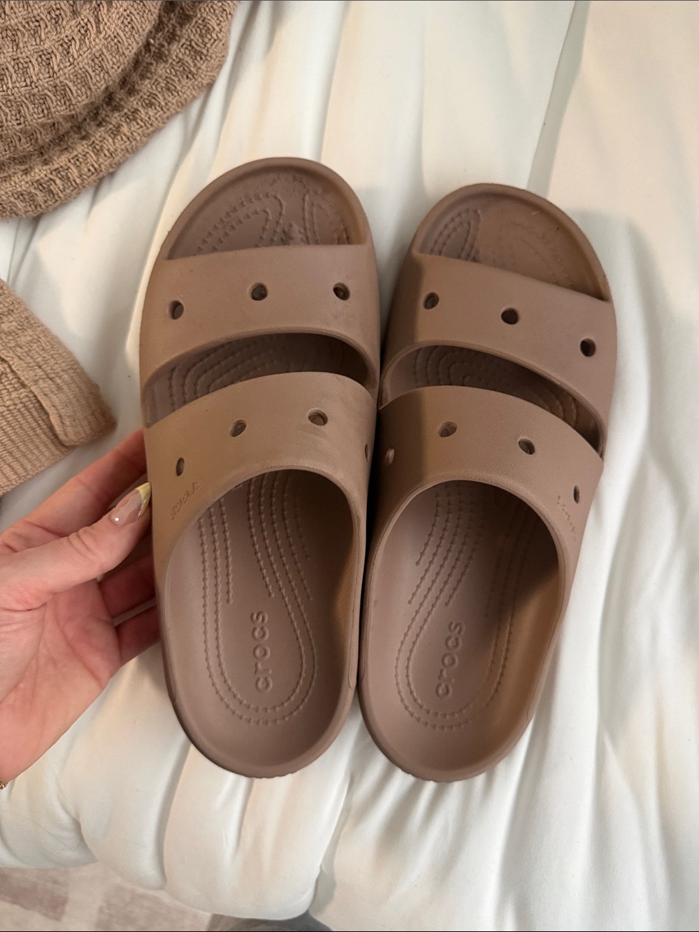 CROCS Dual-Strap Slide Sandals in Taupe Brown